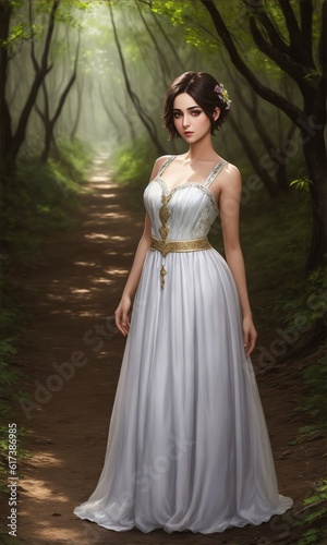 Web game style realistic art of lonely  girl in forest park in beatiful dress 