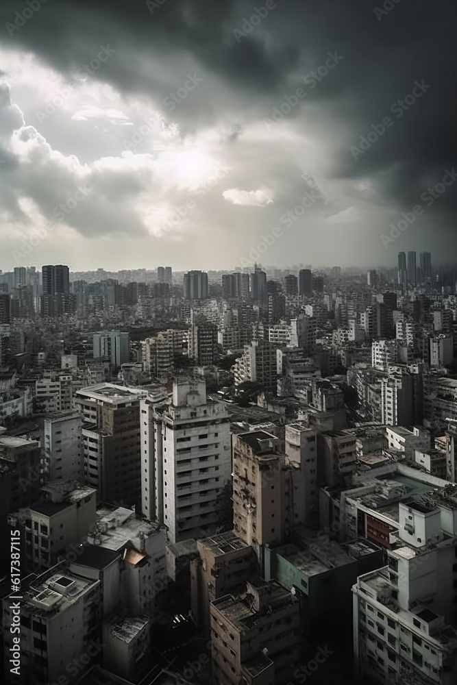 High Angle View Of Cityscape Against Cloudy Sky, Generative AI 