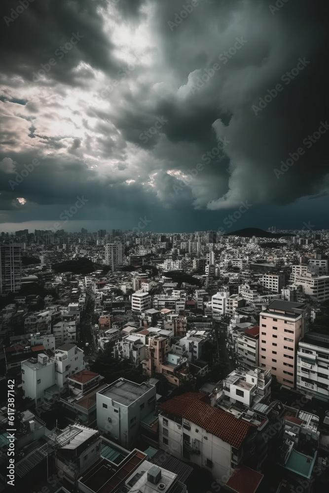 High Angle View Of Cityscape Against Cloudy Sky, Generative AI 