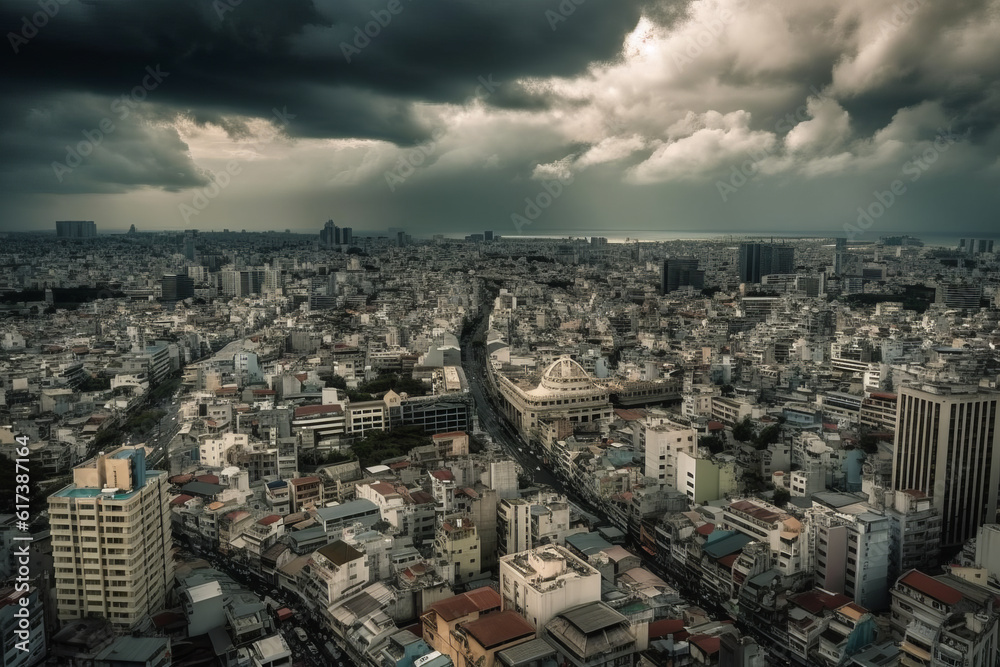 High Angle View Of Cityscape Against Cloudy Sky, Generative AI High Angle View Of Cityscape Against Cloudy Sky, Generative AI