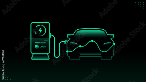 Electric green car, ev charge station. Front view, electric car at a charging station, with load diagram, consumption. Sustainable green energy. Dark background, vector illustration. 