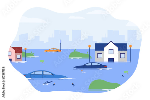 Cities suffering from flood vector illustration. Water damaging houses, cars and trees, causing infrastructure crisis. Natural disaster, climate change, emergency concept