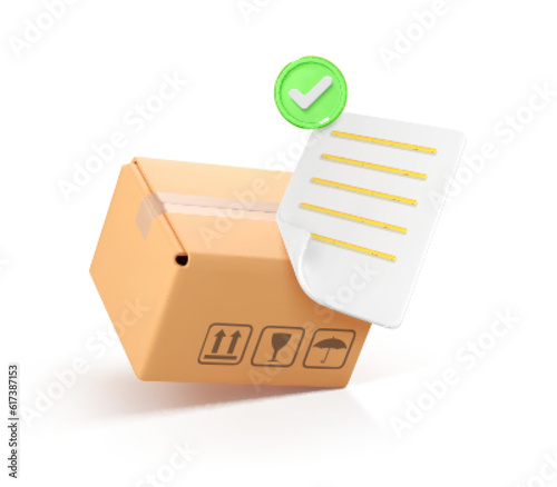 3D cardboard box and confirmed order with tick. Confirmed order delivery concept. Shipment checklist. Delivery of order in cardboard box. Fast delivery concept. Mail by courier. Vector 3d illustration