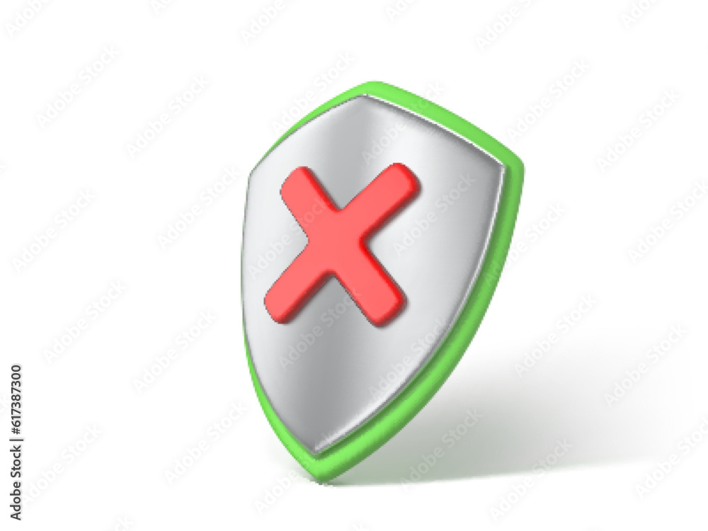 3D shield isolated on white background. Shield with red cross. NO or decline symbol. Security, protection and safety concept. Vector 3d Illustration 3D shield isolated on white background. Shield with red cross. NO or decline symbol. Security, protection and safety concept. Vector 3d Illustration