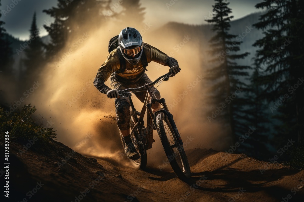 Fototapeta premium Mountain Biker riding down a Trail in the Forest - Sliding through a Corner with Dust in the Air - High Speed MTB - Off-Road - Generative AI - Imaginary Person