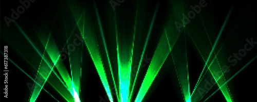 Laser show background with light beams at night. Abstract spotlight rays. Green glow beams on disco party in club or music concert, vector realistic illustration