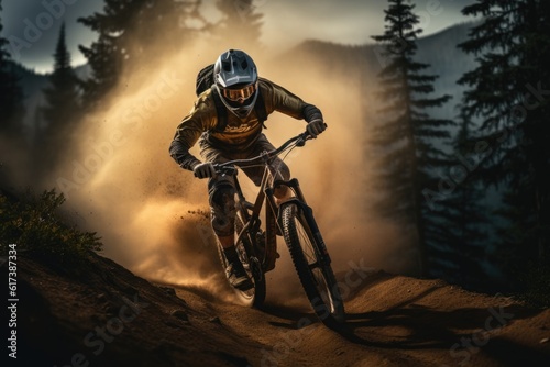 Mountain Biker riding down a Trail in the Forest - Sliding through a Corner with Dust in the Air - High Speed MTB - Off-Road - Generative AI - Imaginary Person