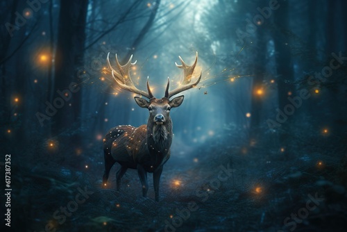 Enchanted Majesty: Magical Stag in a Fairy Forest. Generative AI