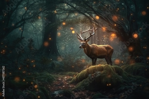 Enchanted Majesty  Magical Stag in a Fairy Forest. Generative AI