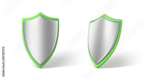 3D shields isolated on white background. Two protective shield. Concept of secure protection. Vector 3d Illustration