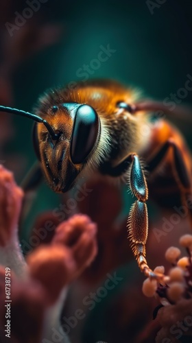 Nature's Tiny Wonder: Bee Close-Up on a Flower. Generative AI