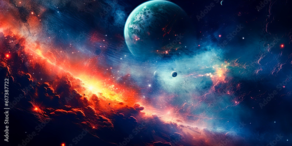 Planets, stars, nebulas in the universe. Science fiction and space exploration concept. Generative Ai illustration Planets, stars, nebulas in the universe. Science fiction and space exploration concept. Generative Ai illustration