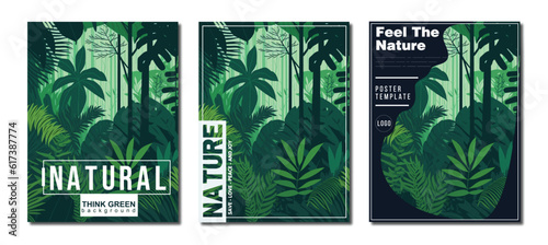 vector background of forest, jungle with waterfall for nature cover for banner, poster