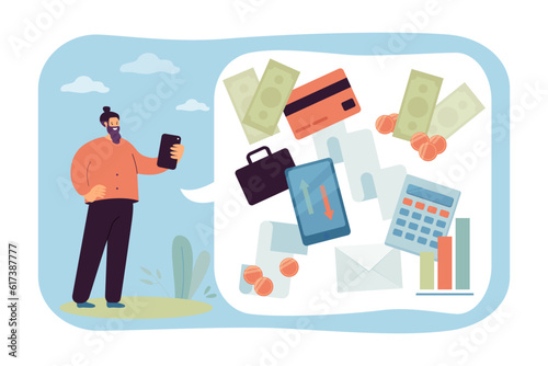 Happy man using digital payment systems vector illustration. Money, cryptocurrency, credit cards, banking apps and online transactions on smartphone. Financial technology concept