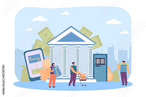 People funding national public building vector illustration. Citizens carrying money, using mobile banking apps to pay taxes, officials managing national budget. Government finance, economy concept