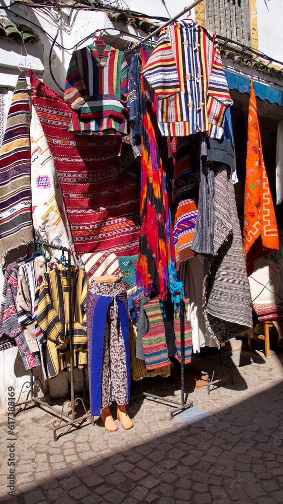Clothing and textiles in a shop in the Medina in Essaouira, Morocco