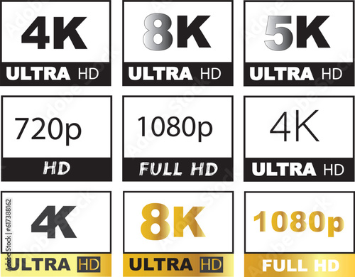 Golden 8K, 4K, 5k Ultra HD Video Resolution Icon Logo; High Definition TV Game Screen monitor display Label