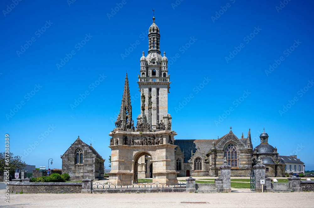 historic parish enclosure with church, ossuary and triumphator in the village of Pleyben in Brittany, France