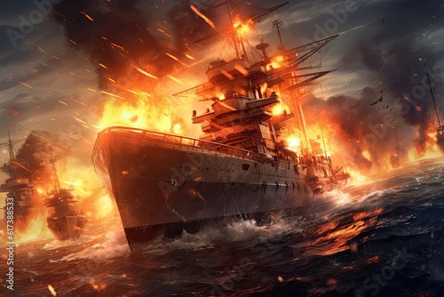 With a heavy heart the crew of the Bismarck witnesses their warship succumbing to the relentless flames. The ship, crippled by battle, is on the verge of sinking into the unforgiving sea. AI-generated