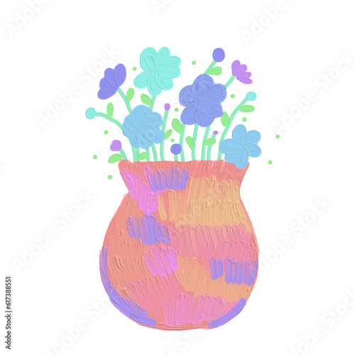 colorful flower in a pink tone vase draw in cute oil brush texture style