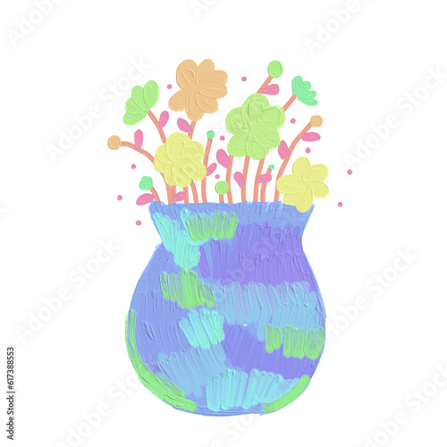 colorful flower in a blue tone vase draw in cute oil brush texture style