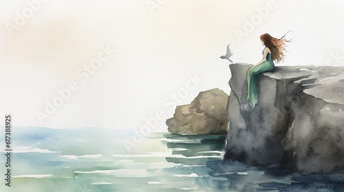 Siren or Mermaid sitting on a rocky beach and watching the sea in sunset watercolour painting generative ai