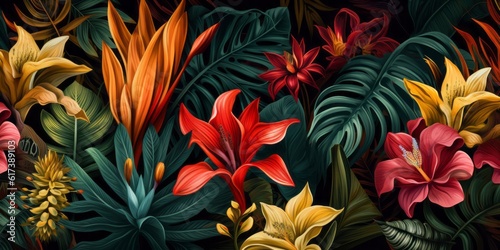 Exotic Jungle A Vibrant Tropical Leaf and Flower Background for a Stage or Backdrop Generative AI