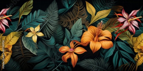 Exotic Jungle A Vibrant Tropical Leaf and Flower Background for a Stage or Backdrop Generative AI © ParinApril