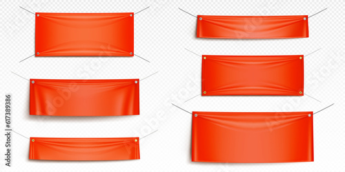 Blank red canvas banners mockup. Horizontal fabric flags, textile sheet hanging on ropes. Empty scarlet cloth placards with folds isolated on transparent background, vector realistic set
