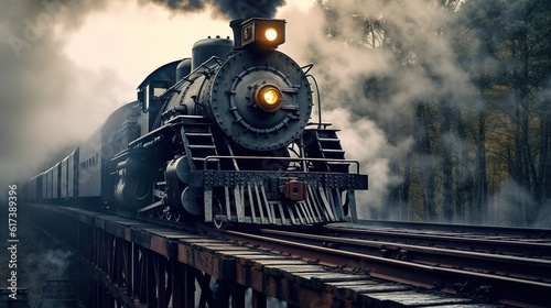 Classic steam locomotive train engine on track generative ai