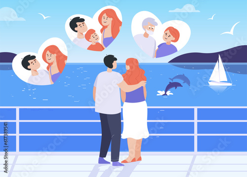 Loving couple hugging on sea quay vector illustration. Young lovers dreaming of having family and children and growing older together. Monogamy, marriage, relationship concept
