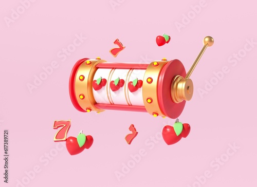 Online casino. 3d slot machine on pink background Gambling concept. 3D illustration.