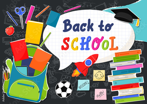 Back to school. Open school backpack full of bools and stationery with school subject doodle and hand drawing lettering.