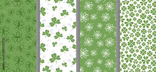 Vector seamless patterns set of many hand drawn clover leaves. Decorative prints for St. Patrick's Day. Rough shape icons. Natural spring sketch. Holiday art background. Simple stylized plant elements