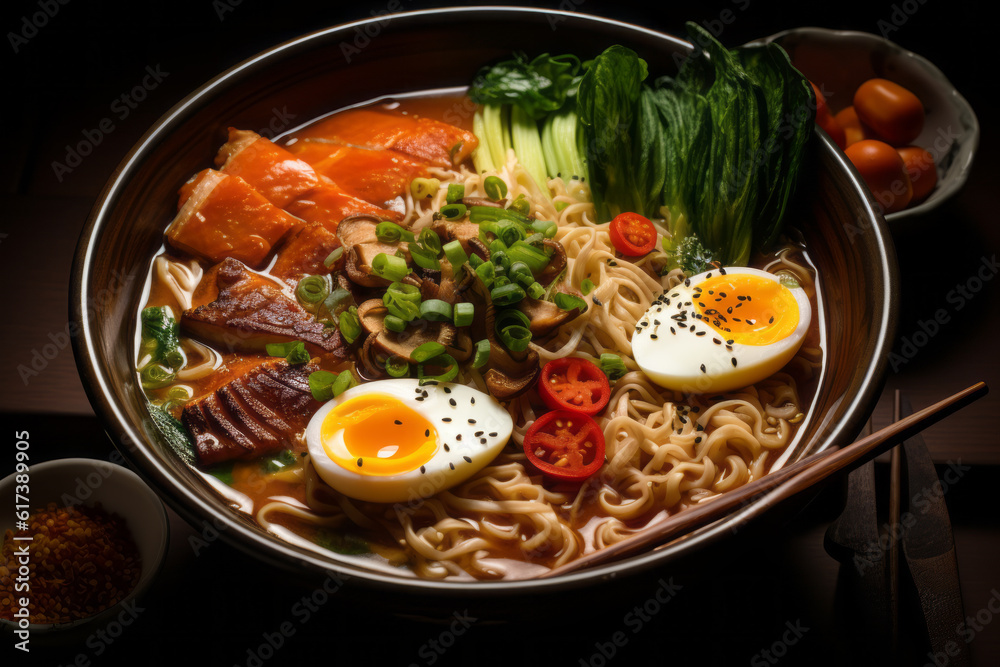 Top View Photo Of Ramen Soup, Generative AI Top View Photo Of Ramen Soup, Generative AI