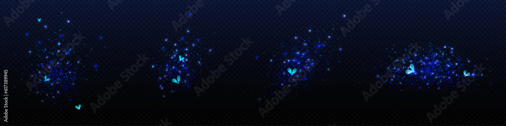 Blue firefly light at night vector effect on transparent background. Magic bug glow with sparkle and dot glitter particles. Summer insect design floating burst illustration. Firebug overlay texture