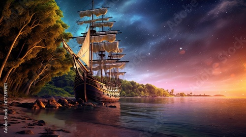 Fotografie, Obraz pirate sailboat ship near mystic treasure island at night digital illustration G