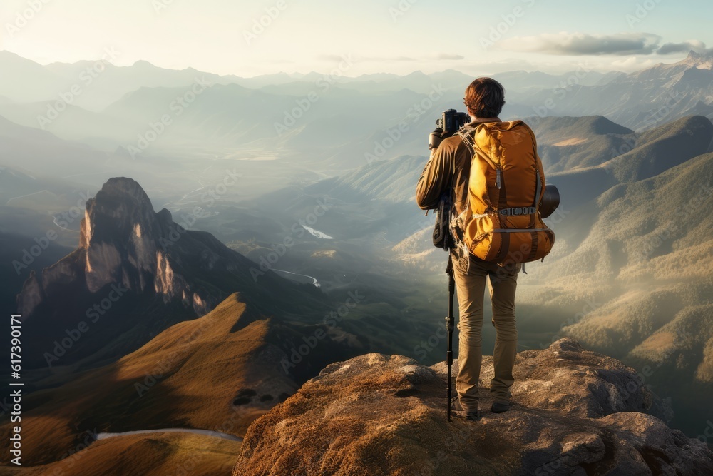 Hiker with backpack taking picture of mountain landscape. Hiking concept
Rear view of hiker photographer taking photographs to a breathtaking panorama. generative AI Hiker with backpack taking picture of mountain landscape. Hiking concept
Rear view of hiker photographer taking photographs to a breathtaking panorama. generative AI