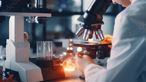 scientist working with microscope in laboratory, science research concept, scientist using microscope for examining samples and liquid, Scientific and healthcare research. generative AI