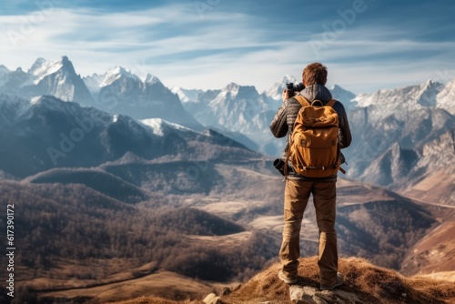 Hiker with backpack taking picture of mountain landscape. Hiking concept Rear view of hiker photographer taking photographs to a breathtaking panorama. generative AI
