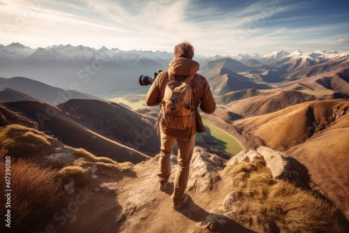 Hiker with backpack taking picture of mountain landscape. Hiking concept
Rear view of hiker photographer taking photographs to a breathtaking panorama. generative AI photo