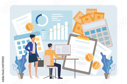 Office workers with business items vector illustration. Businessmen at computer managing budgeting, accounting, risks and partnership. Charts, money and contracts. Finance analysis, business concept