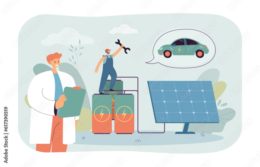 Tiny worker on batteries for electronic car vector illustration. Cartoon drawing of automobile batteries connected to solar panel. Innovation, transportation, technology, sustainability concept