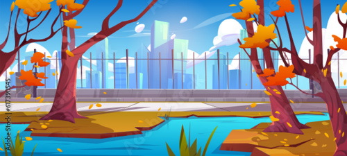 Autumn city park with pond and path near fence nature background scene. Public garden in town forest with river, skyscraper view and walkway to downtown. Orange fall season cartoon environment
