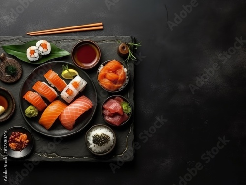 Beautiful sushi dish on black plate, Japanese famous meal. Generative AI