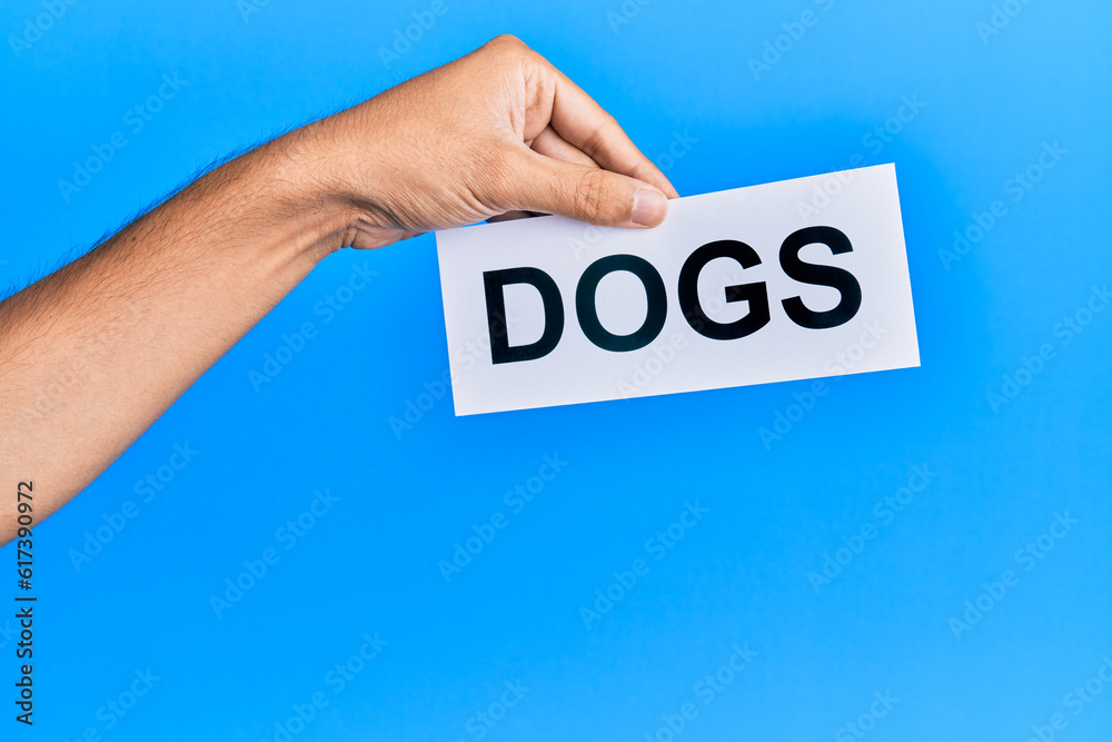 Hand of caucasian man holding paper with dogs word over isolated blue background Hand of caucasian man holding paper with dogs word over isolated blue background