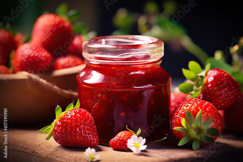 Sweet Delights A Tempting Spread of Strawberry Jam and Fresh Fruits. created with Generative AI