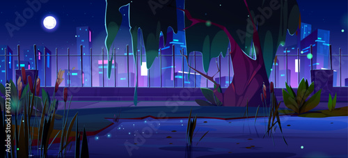 Swamp in night city park with reed and grass cartoon vector. Water pond near metal fence in dark environment nature scenery. Outdoor panoramic landscape with full moon light and neon urban skyline