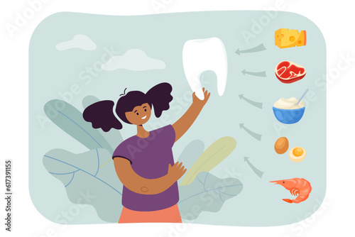 Happy girl holding big healthy tooth vector illustration. Cartoon drawing of African American kid promoting healthy Mediterranean diet for strong teeth. Healthcare, dental care, diet, food concept