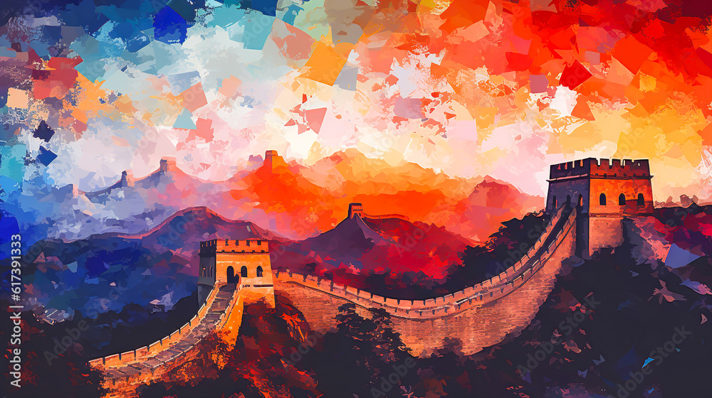 Abstract painting of Great wall of China in style of mixed grunge colors. Digital illustration generative AI.